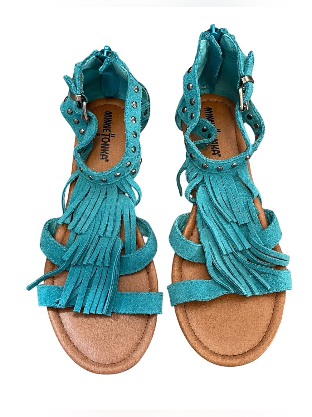 Minnetonka Monaco fringe studded wedge sandals in turquoise suede